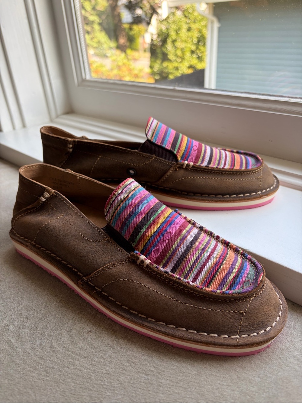 Brown Women's Slip-On Loafers with Multicolor Striped Vamp